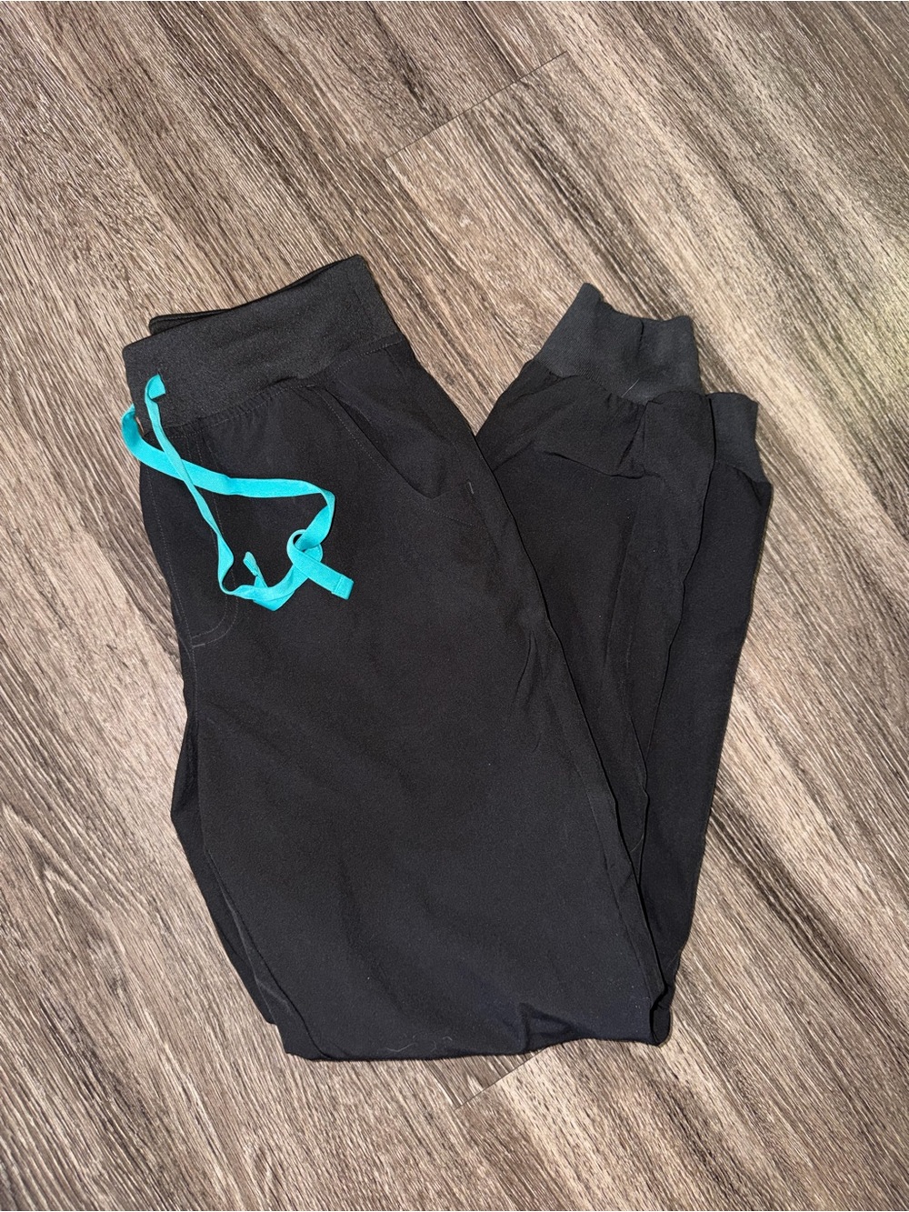 Figs Black Scrubs with Teal Drawstring